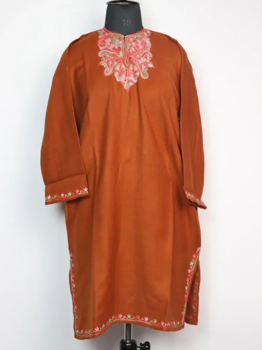 Cashmilon Wool Girls Rust Pheran with Aari Embroidery