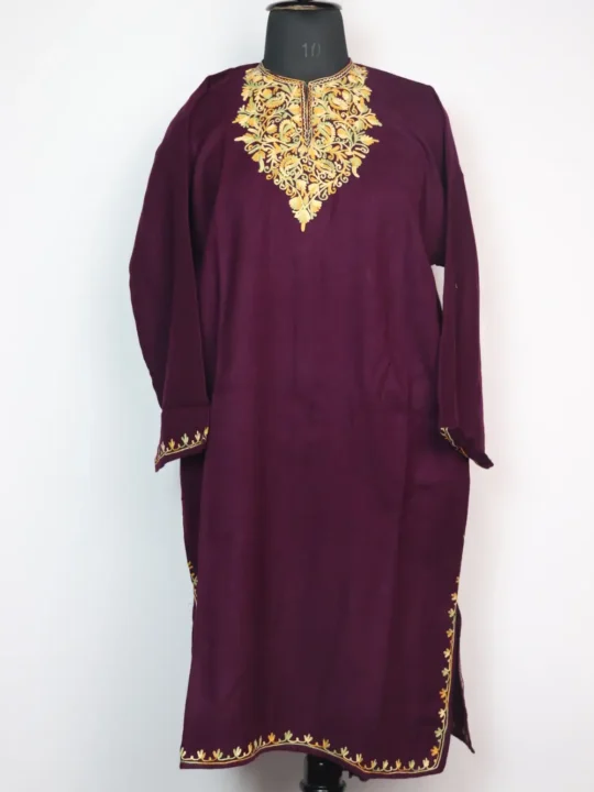 Naila Cashmilon Wool Girls Purple Pheran with Aari Embroidery