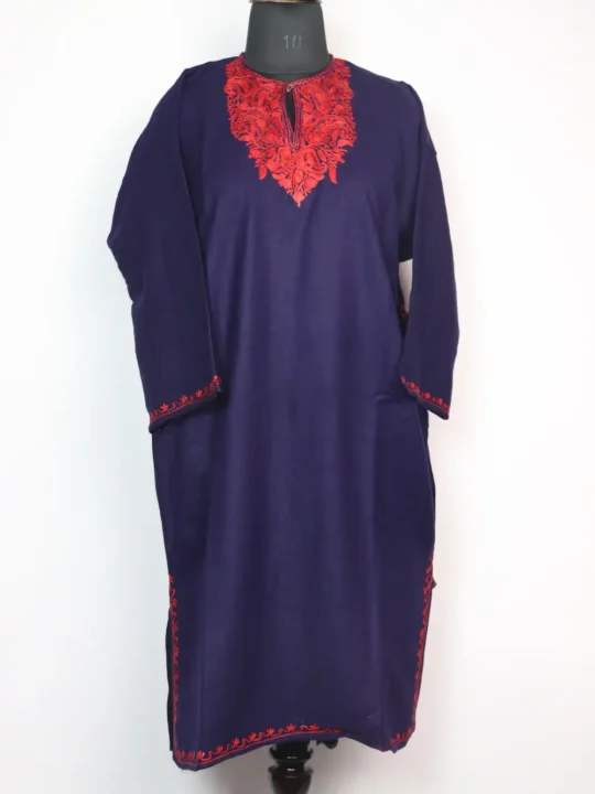 Girls Dark Blue Cashmilon Wool Mehr Pheran with Aari Embroidery