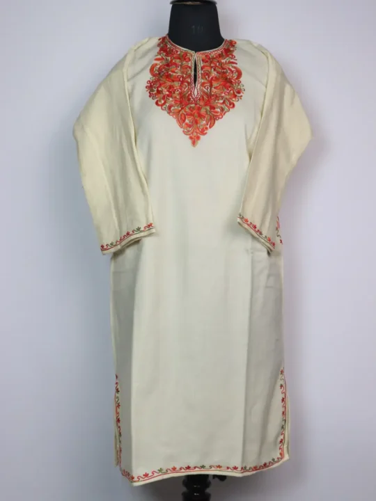 Girls White Cashmilon Wool Pheran with Aari Embroidery Zara