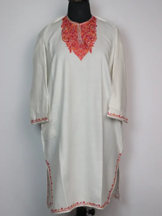 Shazia White Cashmilon Wool Pheran with Aari Embroidery for Girls