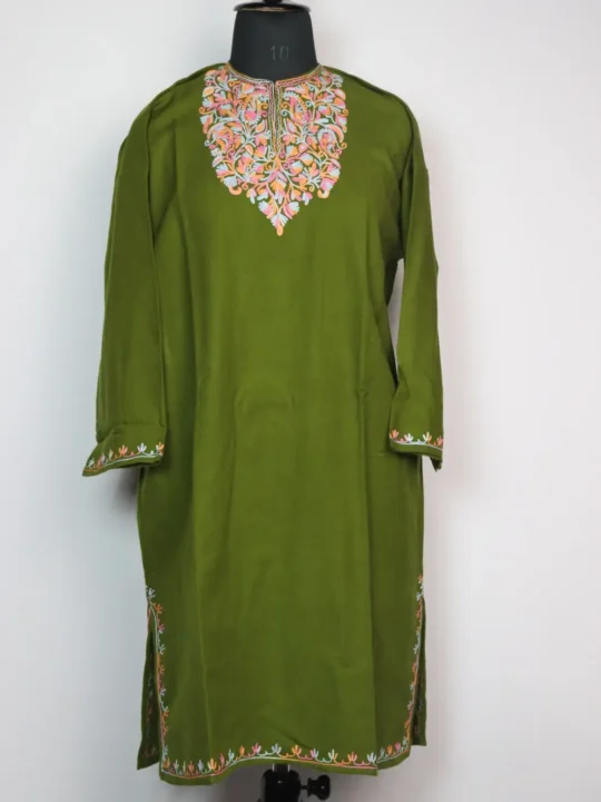 Amna Girls Cashmilon Wool Olive Green Pheran with Aari Embroidery