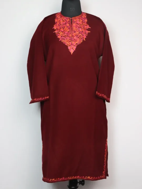 Maroon Cashmilon Wool Rehmat Pheran with Aari Embroidery