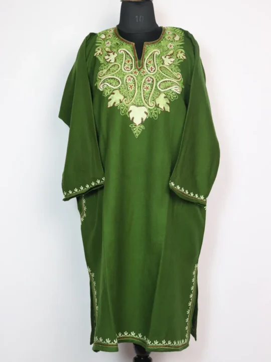 Mehndi Green Pheran with Aari Embroidery in Cashmilon Wool