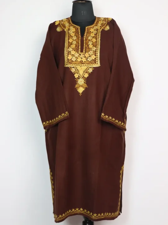 Hawal Cashmilon Wool Dark Brown Pheran with Aari Embroidery