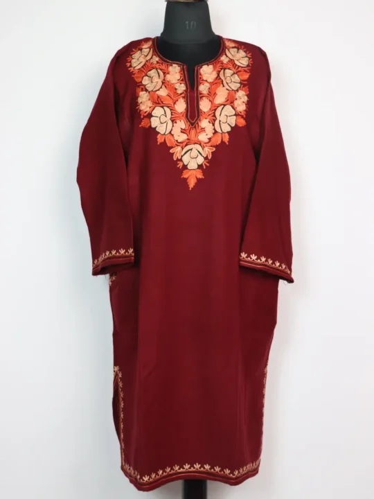 Cashmilon Wool Maroon Pheran with Hawal Aari Embroidery