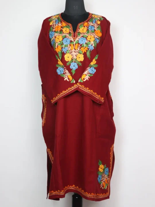 Maroon Woolen Pakeez Pheran in Cashmilon with Aari Embroidery
