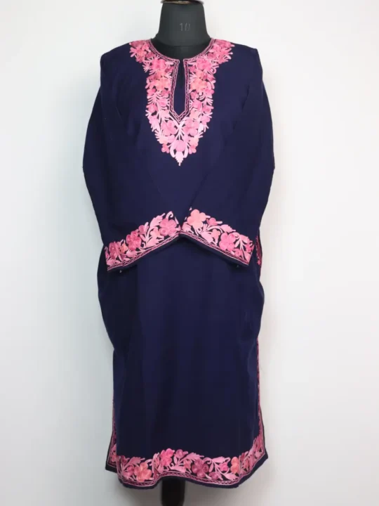 Dark Blue Woolen Pheran with Aari Embroidery in Cashmilon Abeeha