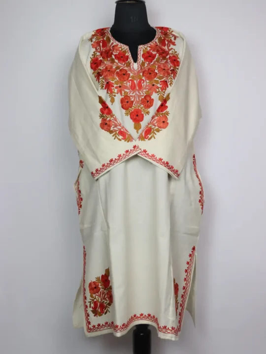 Hafizah White Woolen Pheran in Cashmilon with Aari Embroidery