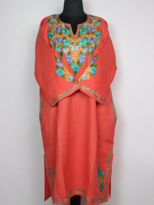 Loose Cashmilon Wool Rekhta Pink Pheran with Front Back Aari Embroidery