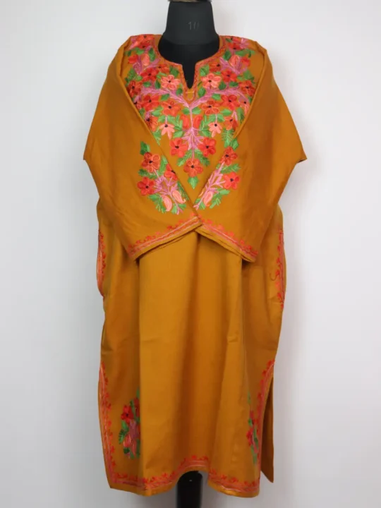 Mehndi Green Loose Cashmilon Wool Rekhta Pink Pheran with Front Back Aari Embroidery