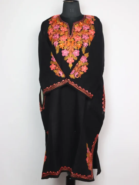 Black Cashmilon Wool Rekhta Pink Pheran with Front Back Aari Embroidery