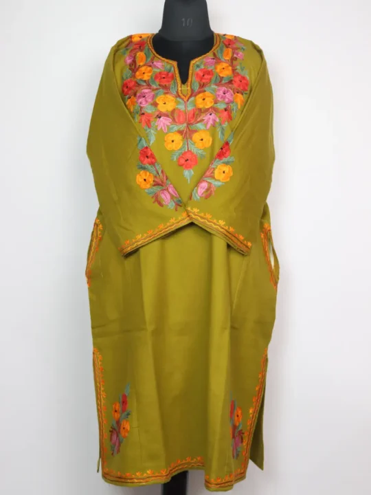 Olive Green Cashmilon Wool Rekhta Pheran with Front Back Aari Embroidery