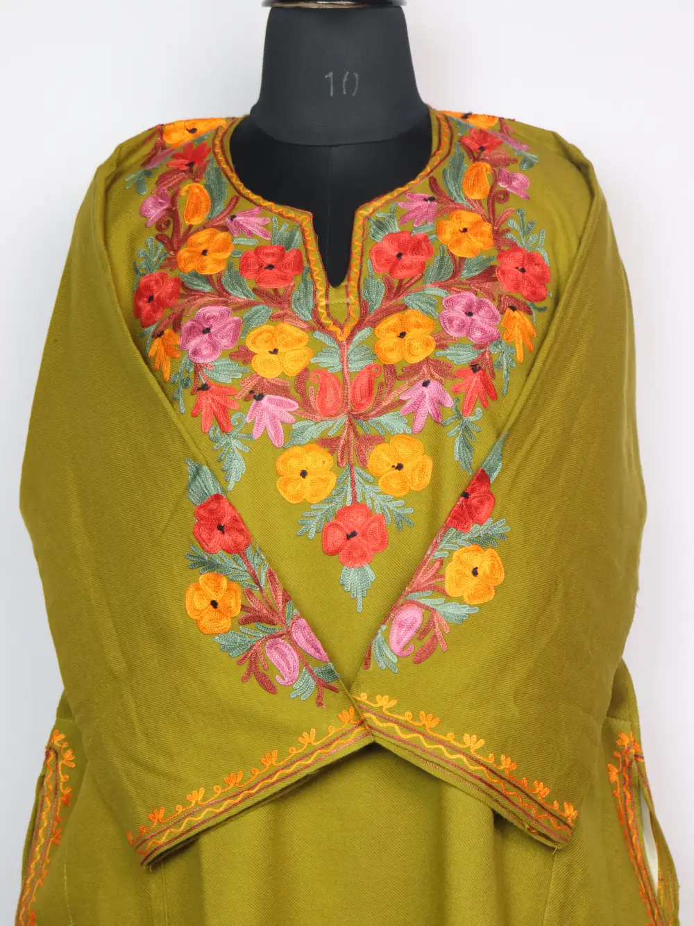 Olive Green Cashmilon Wool Rekhta Pheran with Front Back Aari Embroidery - Image 2