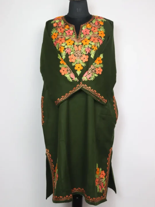 Green Pheran with Front Back Aari Embroidery Rekhta in Cashmilon Wool
