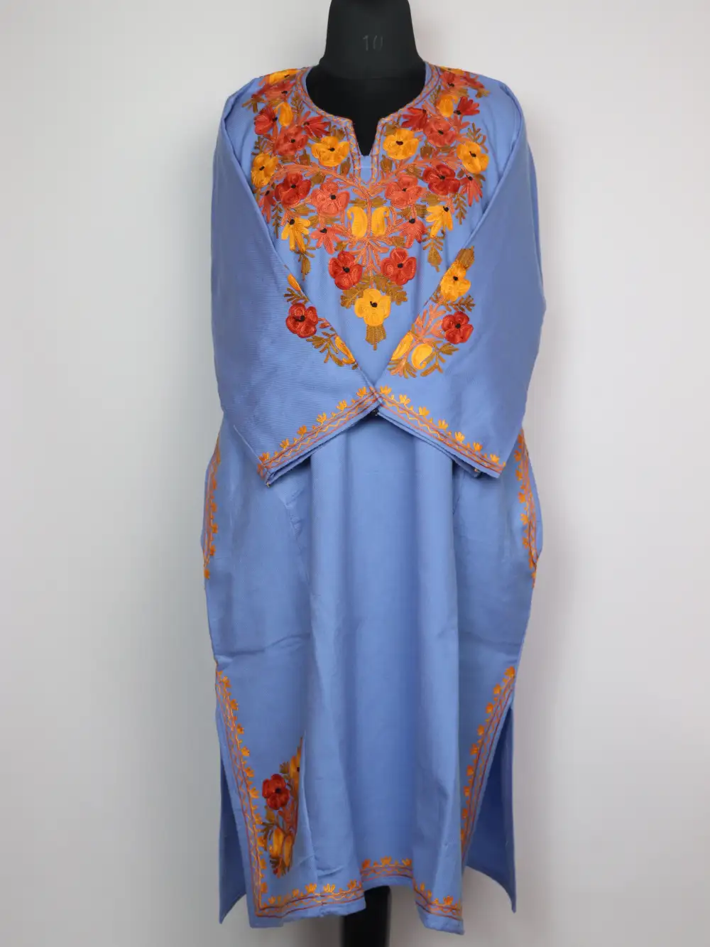 Cashmilon Wool Indigo Blue Pheran with Front Back Aari Embroidery Rekhta