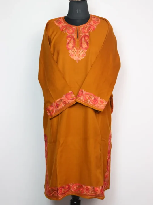 Rust Pheran with Aari Embroidery in Cashmilon Wool Nazneen