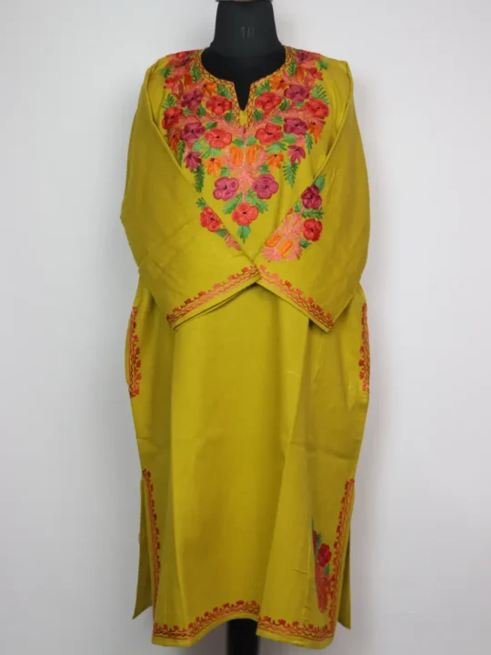Cashmilon Wool Rekhta Green Pheran with Front Back Aari Embroidery