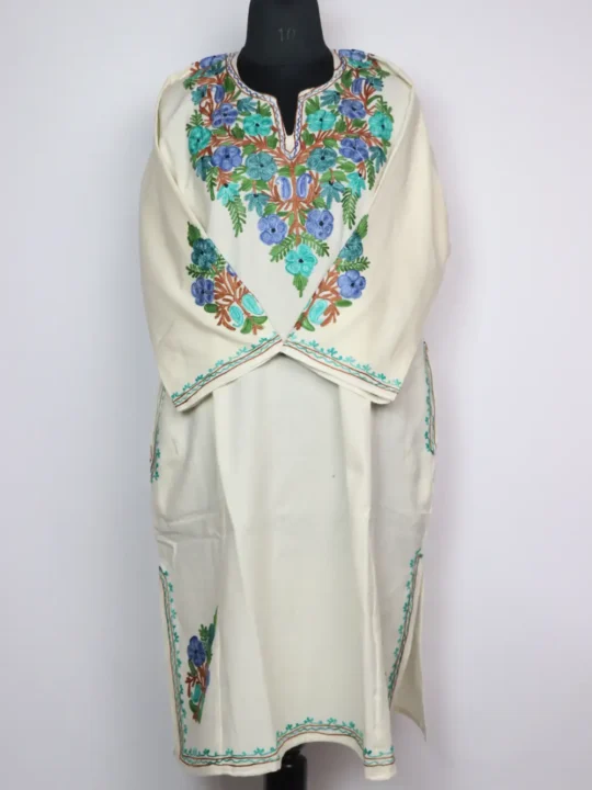 Cashmilon Wool Rekhta White Pheran with Front Back Aari Embroidery