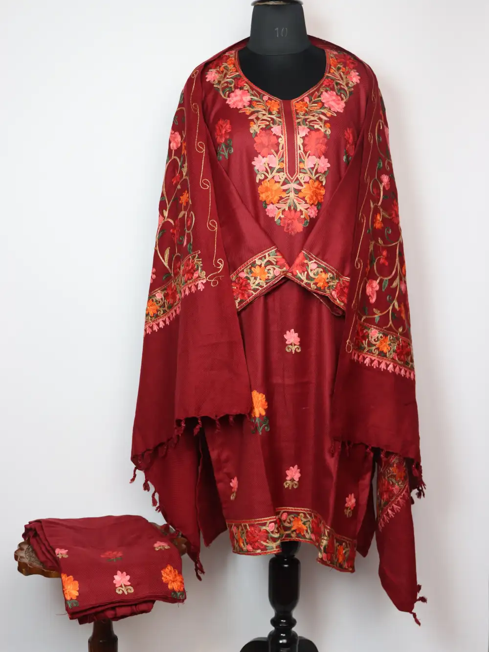 Maroon Cashmilon Woolen 3pc Kurta Set with Aari Embroidery