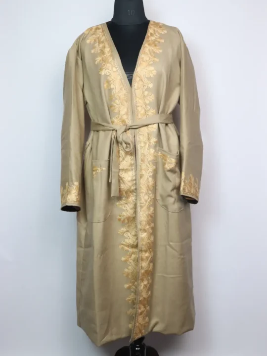 Nihayat Beige Gown | Bathrobe Aari Embroidered in Cashmilon Wool
