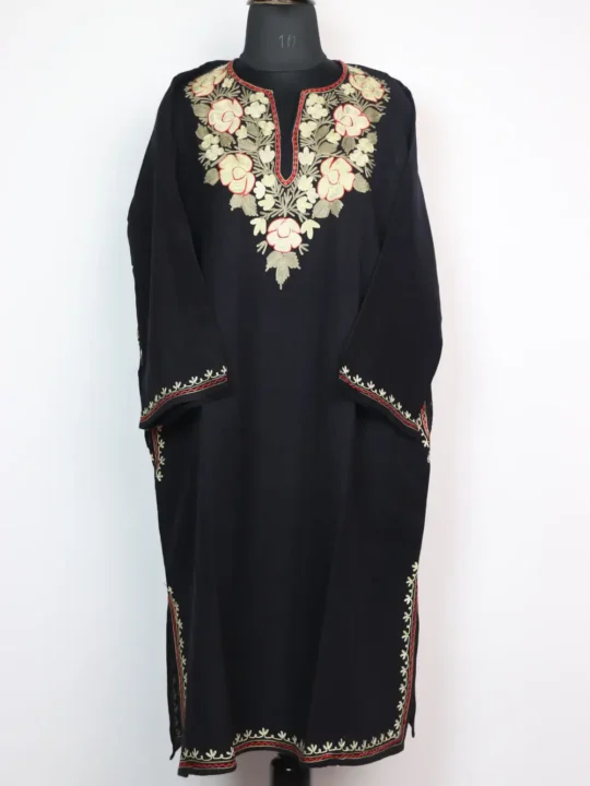 Woolen Black Pheran Pampore with Aari Work in Cashmilon