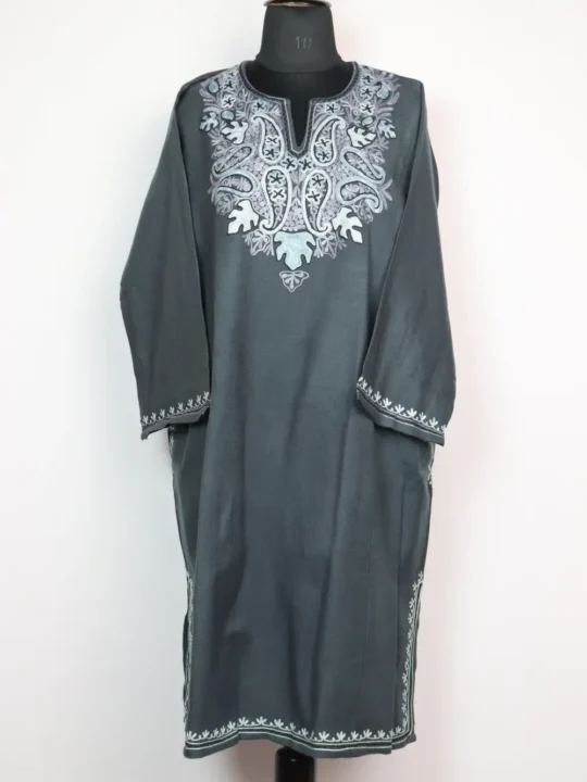 Dary Grey Loose Pheran with Aari Work in Cashmilon Wool Pampore