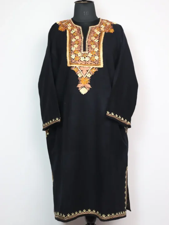 Black Embroidered Pheran Pampore in Cashmilon Wool with Aari