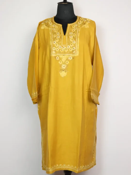 Light Yellow Pampore Pheran in Cashmilon Wool with Aari Work