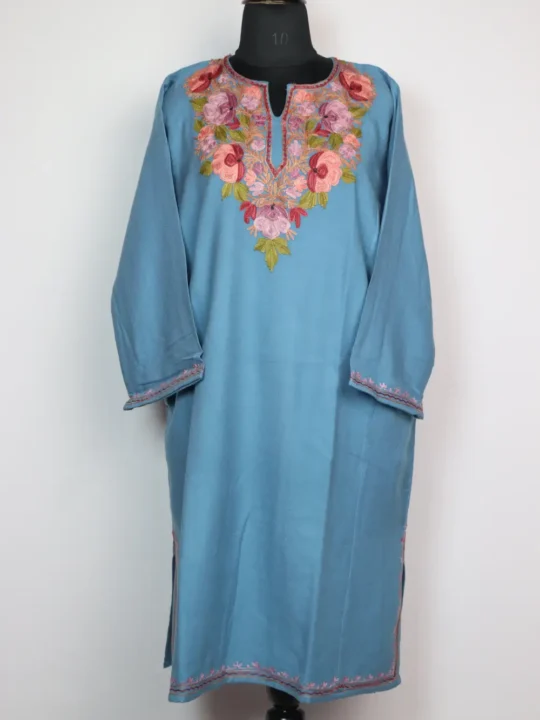 Sky Blue Pheran in Cashmilon Wool Pampore with Aari Work