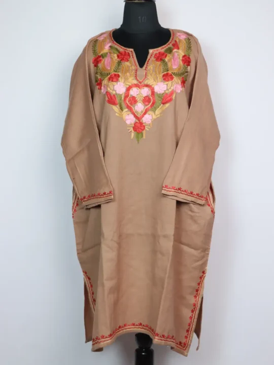 Woolen Bush Brown Loose Pheran Pampore with Aari Work in Cashmilon