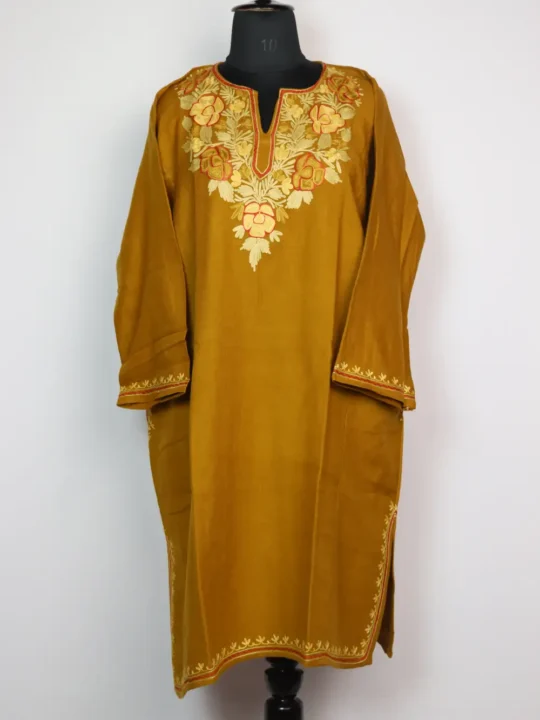 Mustard Woolen Pheran with Aari Work in Cashmilon Pampore