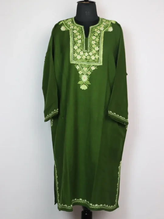 Embroidered Forest Green Pheran Pampore in Cashmilon Wool with Aari