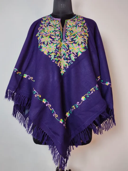 Indigo Blue Kashmiri Cashmilon Wool Poncho with Aari Embroidery