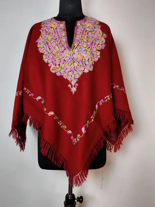 Maroon Kashmiri Cashmilon Wool Dastan Poncho with Aari Embroidery
