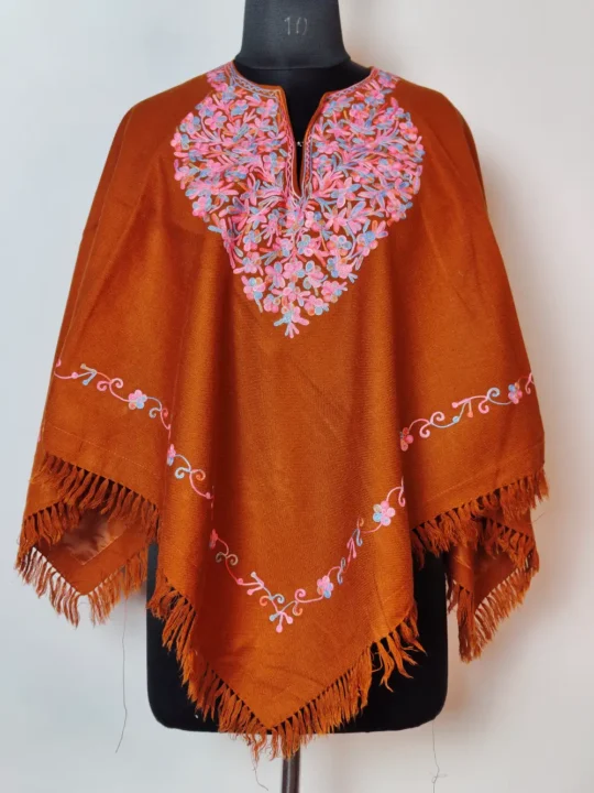 Rustic Orange Kashmiri Cashmilon Wool Poncho with Aari Embroidery Khwab