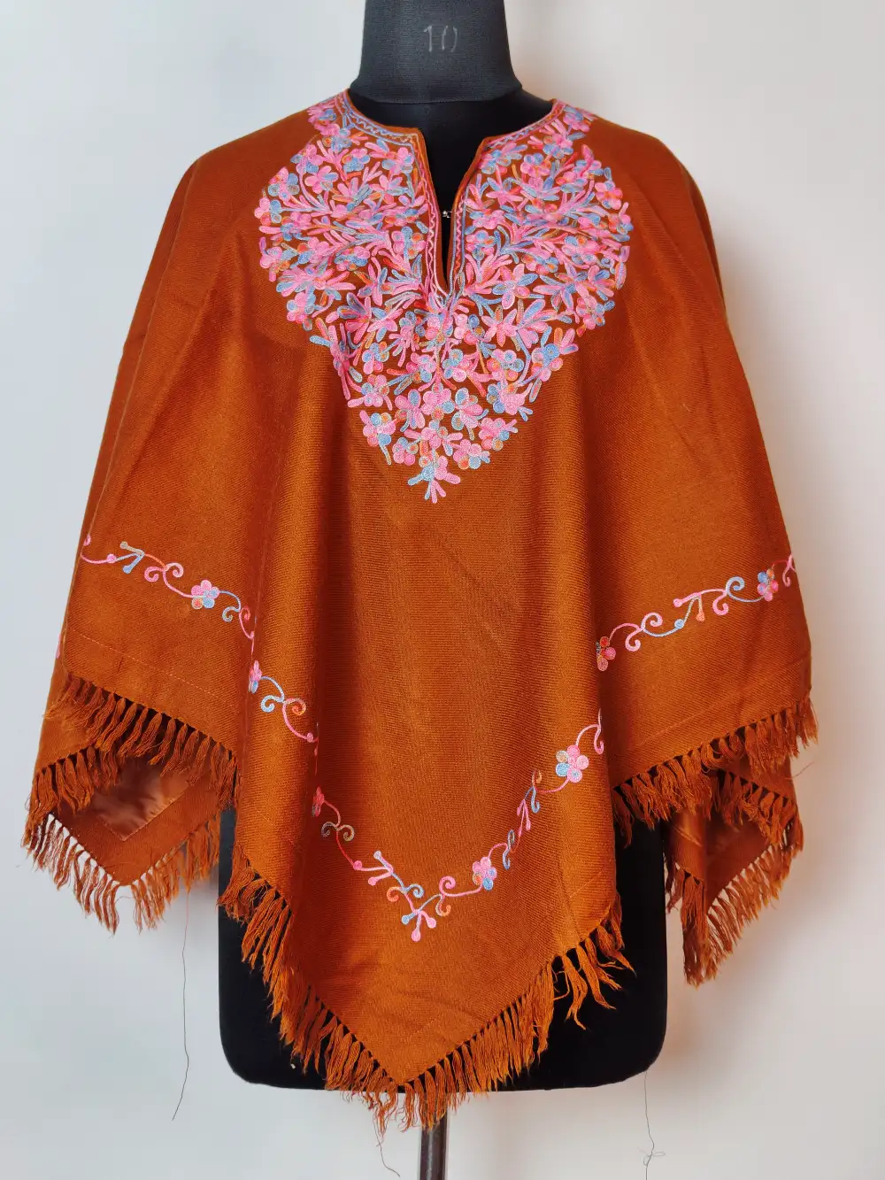 Rustic Orange Kashmiri Cashmilon Wool Poncho with Aari Embroidery Khwab