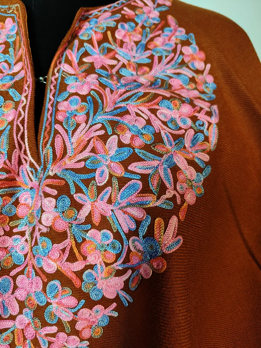 Rustic Orange Kashmiri Cashmilon Wool Poncho with Aari Embroidery Khwab - Image 2