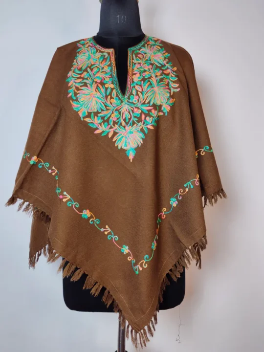 Brown Kashmiri Cashmilon Wool Poncho with Aari Embroidery Rifat