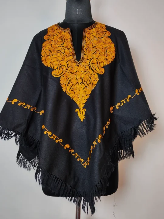 Noor Kashmiri Black Cashmilon Wool Poncho with Aari Embroidery