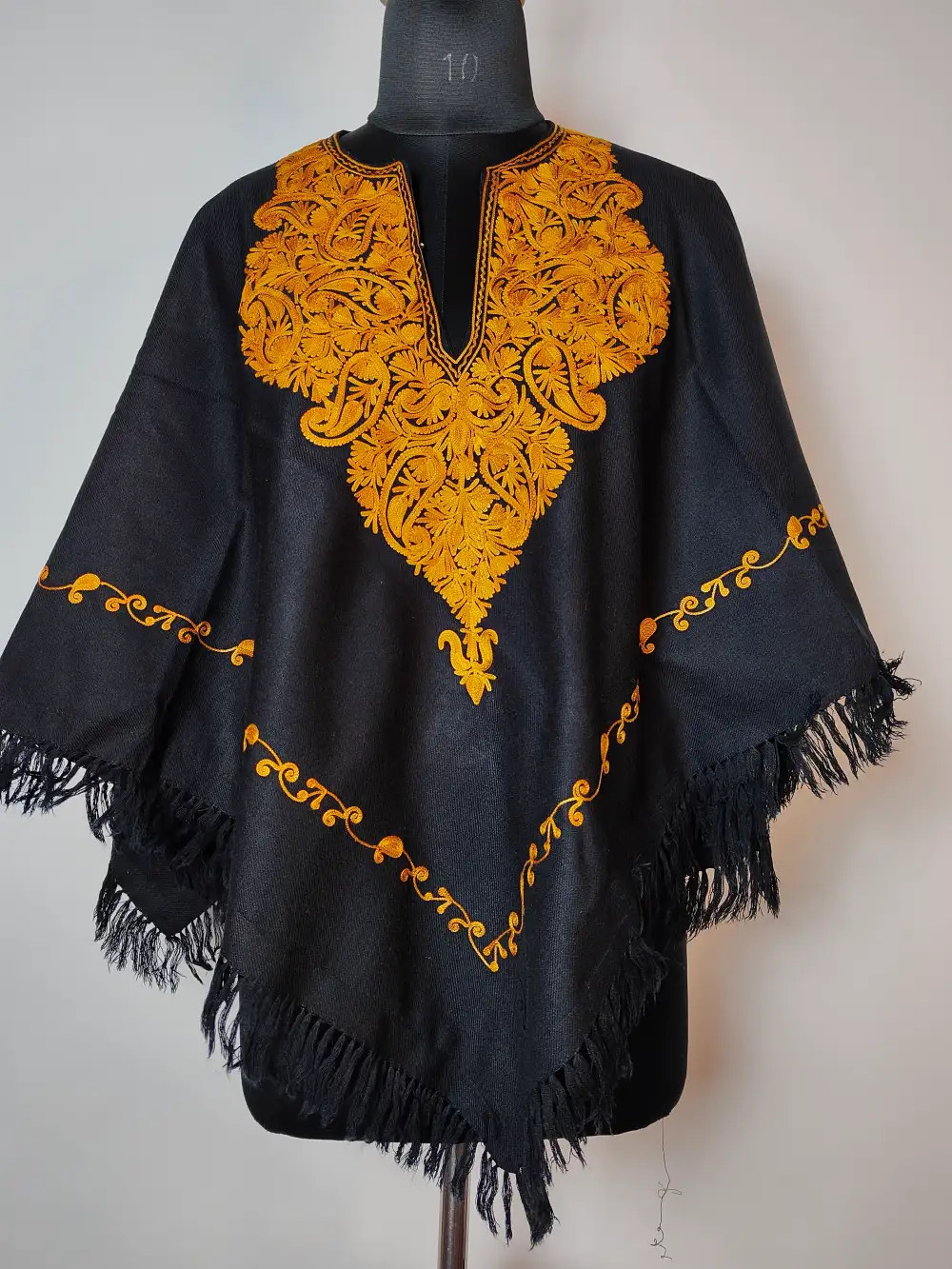 Noor Kashmiri Black Cashmilon Wool Poncho with Aari Embroidery