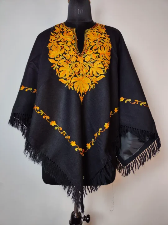 Black Kashmiri Rivayat Cashmilon Wool Poncho with Aari Embroidery