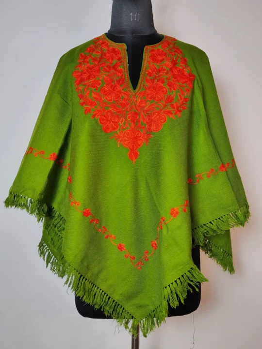 Green Kashmiri Wafa Cashmilon Wool Poncho with Aari Embroidery