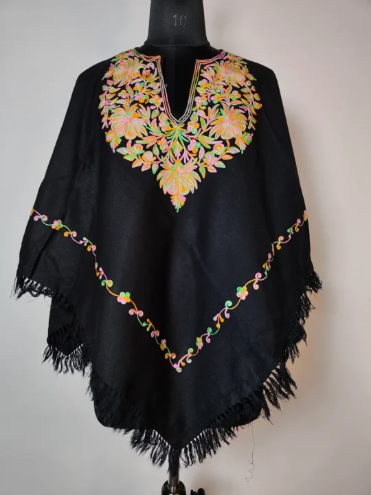 Kashmiri Black Cashmilon Wool Poncho with Ulfat Aari Embroidery