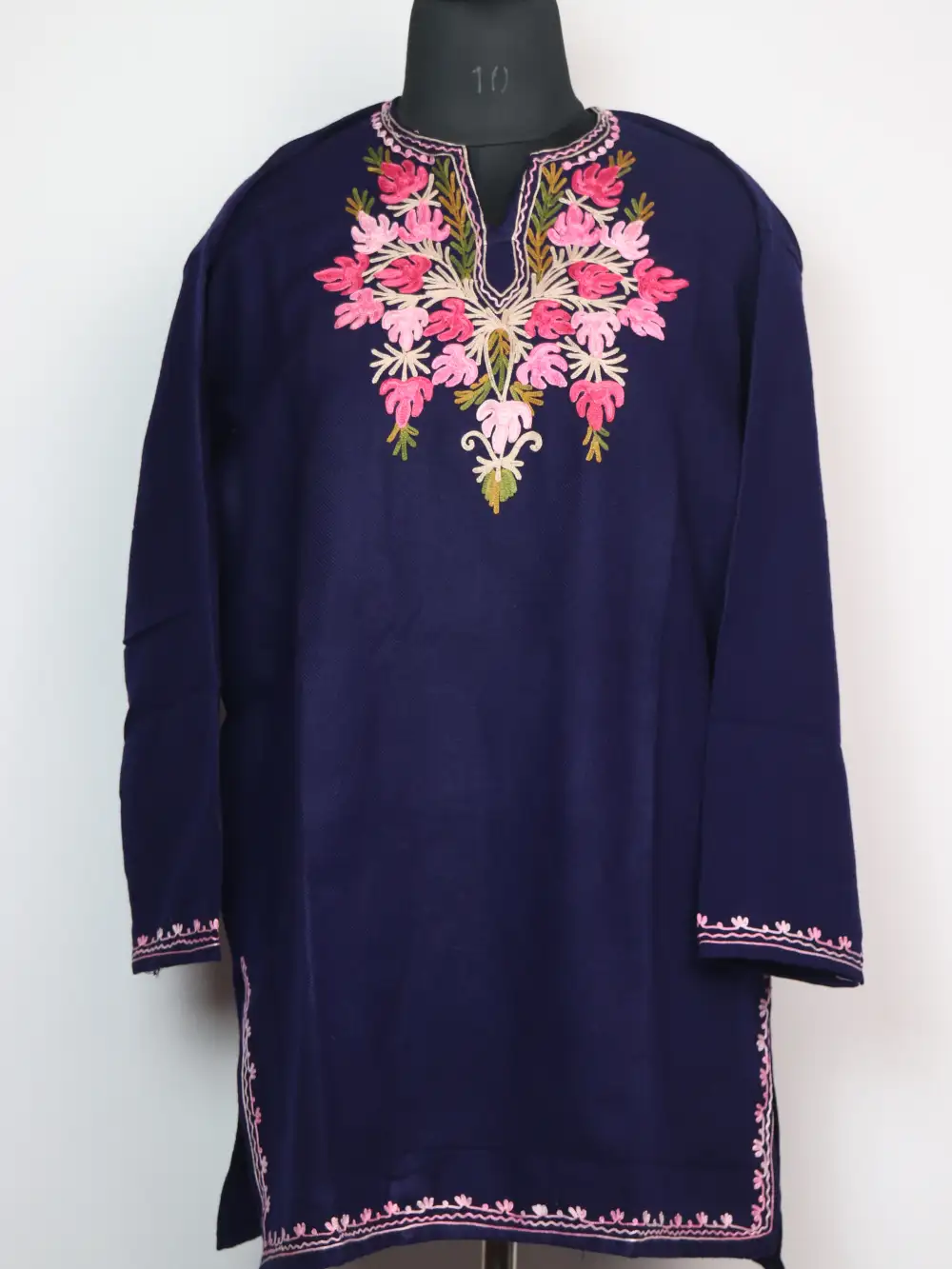 Nazar Woolen Dark Blue Short Kurti in Cashmilon with Aari Embroidery