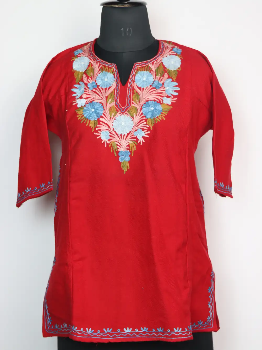Red Woolen Dark Hunar Short Kurti in Cashmilon with Aari Embroidery