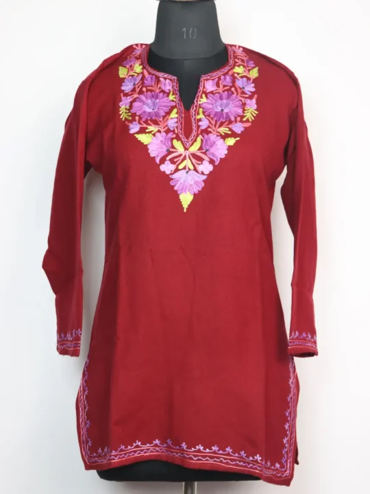 Cashmilon Wool Roshni Maroon Short Kurti with Aari Embroidery