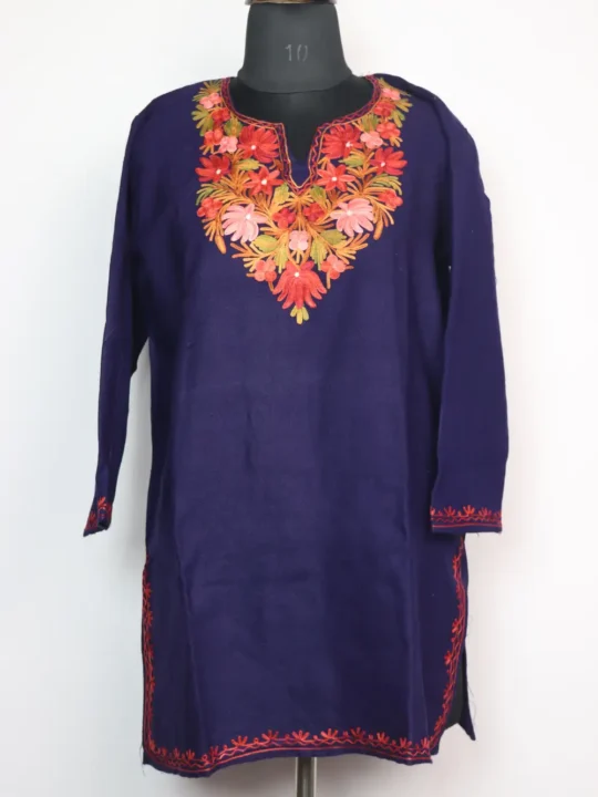 Hamdard Dark Blue Cashmilon Wool Short Kurti with Aari Embroidery