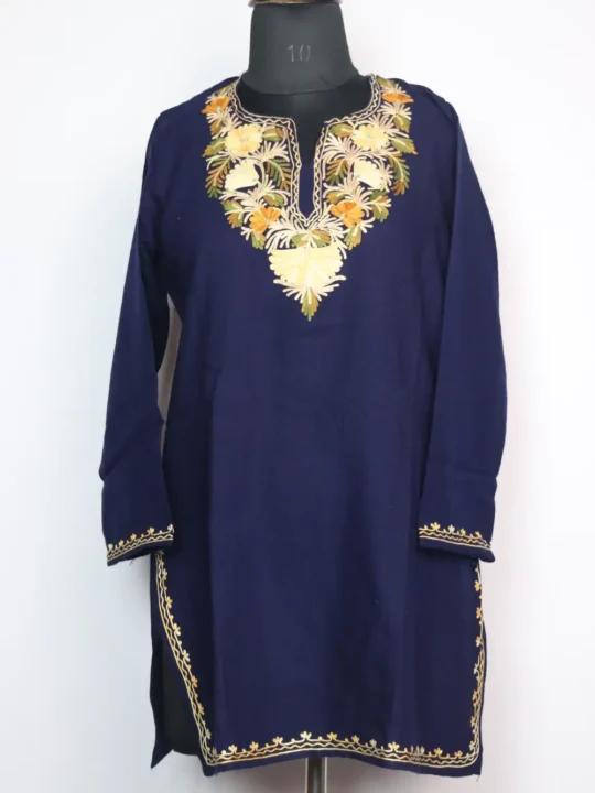 Zarnoor Dark Blue Cashmilon Wool Short Kurti with Aari Embroidery