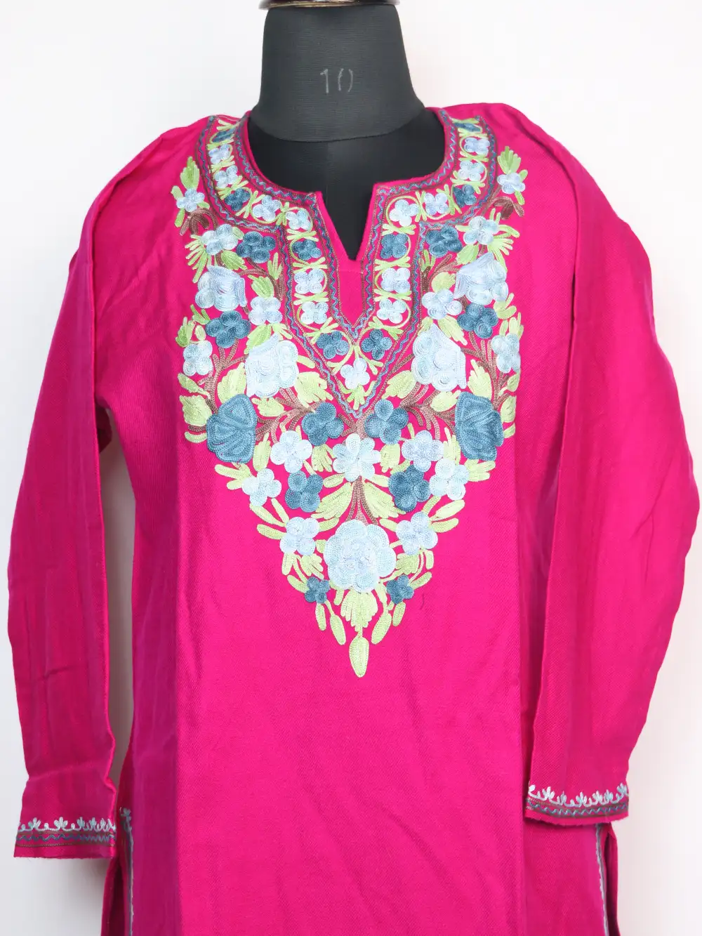 Hot Pink Cashmilon Wool Long Kurti with Aari Embroidery Afsana - Image 2